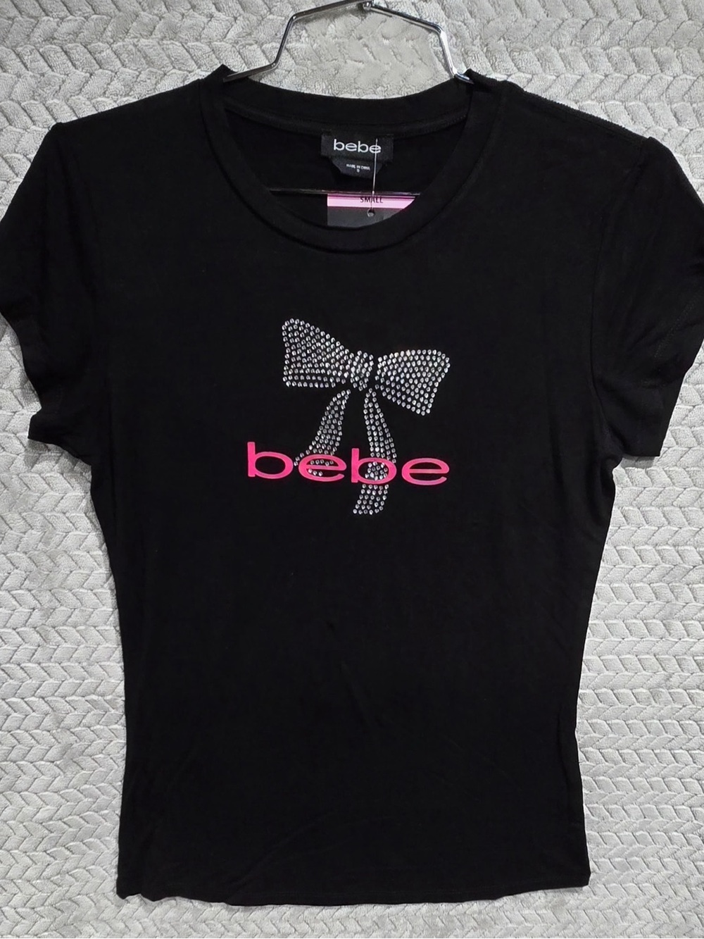 bebe Black Tee with Pink Logo and Rhinestone Bow